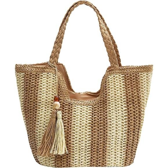 Handbags - Women Straw Beach Bag Large Beige Khaki
